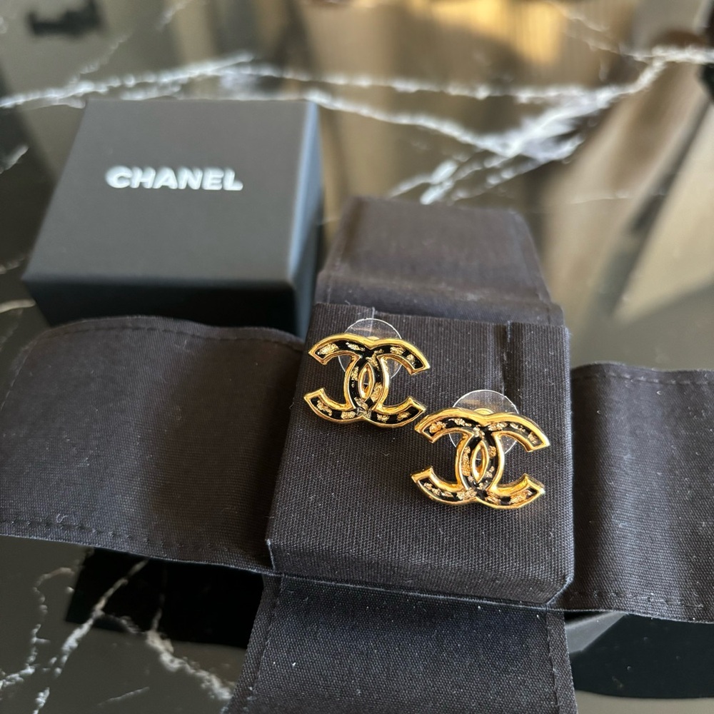 Chanel Black and Gold CC Earrings